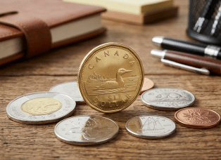 Golden United States one dollar coin with a large dollar sign