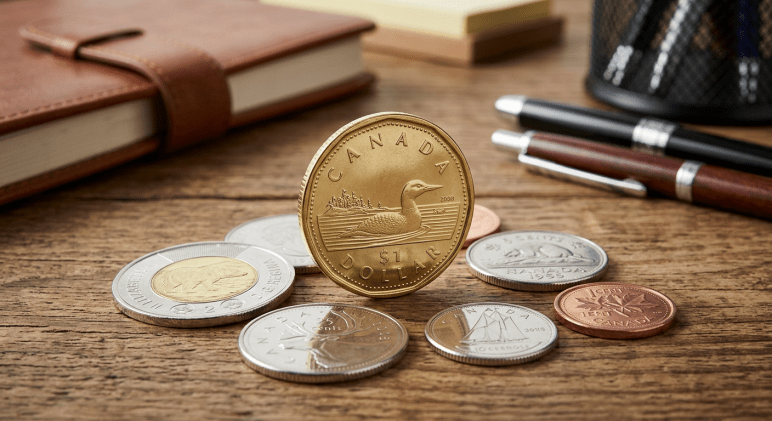 Golden United States one dollar coin with a large dollar sign