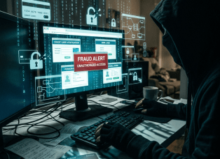 Hacker in a hoodie working at a computer with a fraud alert and credit card data on screen