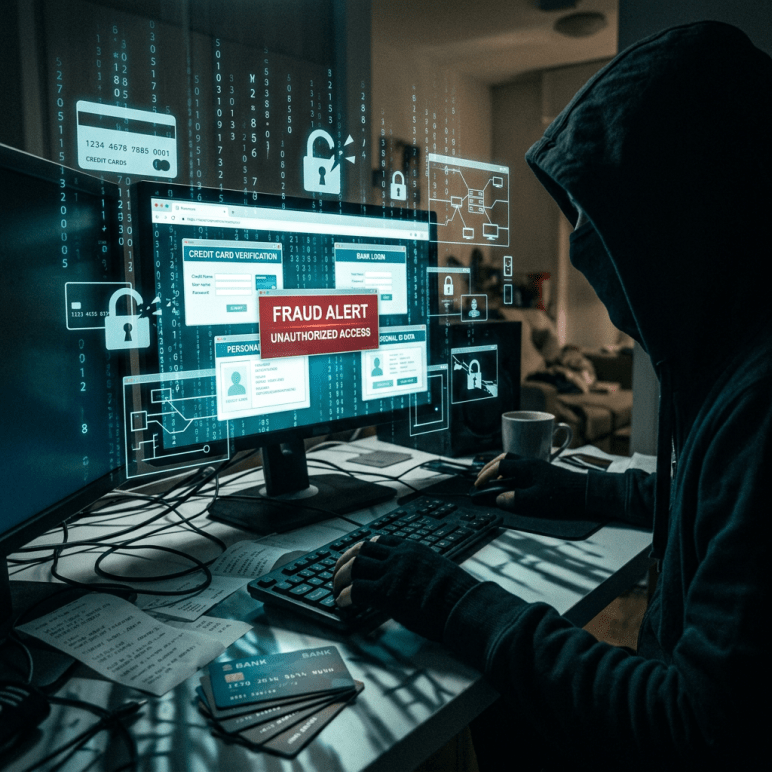 Hacker in a hoodie working at a computer with a fraud alert and credit card data on screen