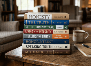Stack of books about honesty, truth, integrity, and authenticity on wooden table