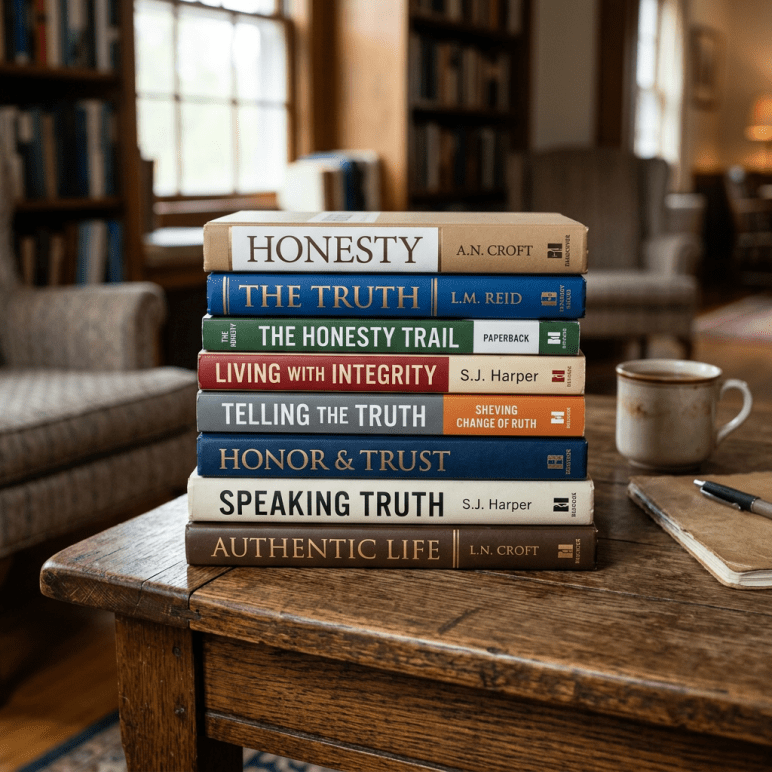 Stack of books about honesty, truth, integrity, and authenticity on wooden table