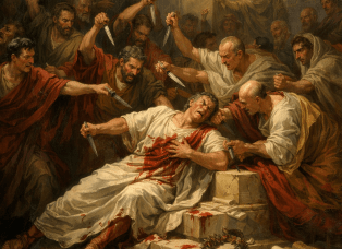 Julius Caesar being stabbed by multiple Roman senators in a chaotic and violent scene