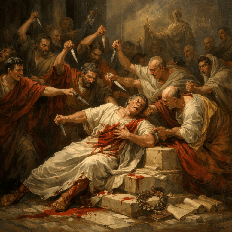 Julius Caesar being stabbed by multiple Roman senators in a chaotic and violent scene