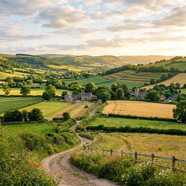 Winding dirt road leading to village with fields, sheep, and hills under a cloudy sky at sunset