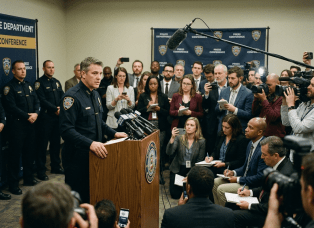 Police officer speaking at podium during a press conference with reporters and photographers