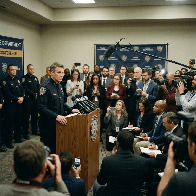 Police officer speaking at podium during a press conference with reporters and photographers