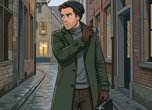 Photographer in a beanie holding a camera and carrying a case in a cobblestone alley