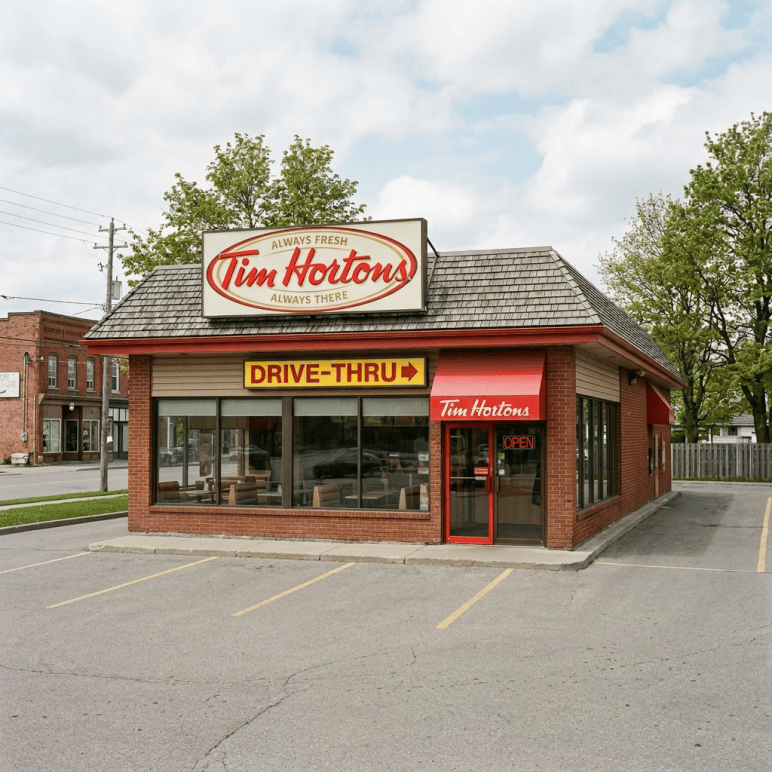 Older Tim Hortons without people or cars