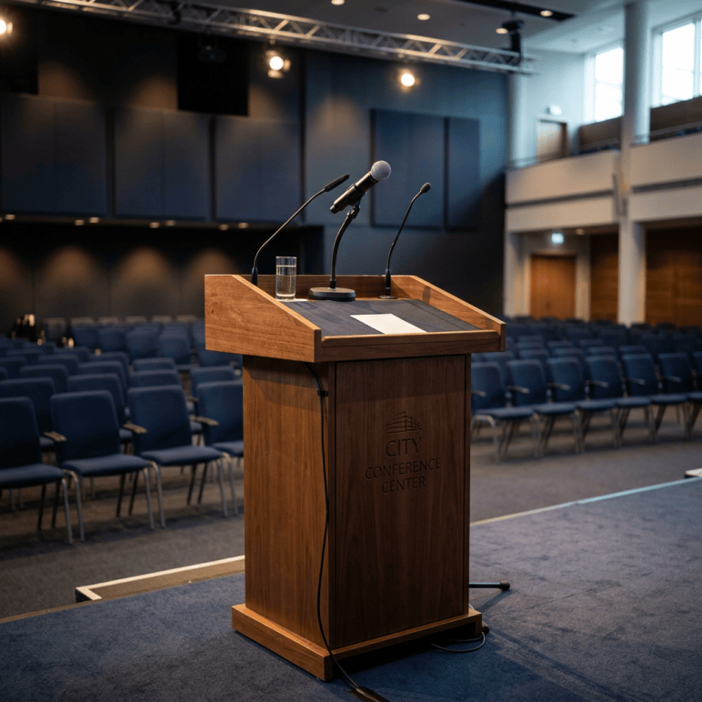Wooden City Conference Center podium with microphones in an empty auditorium