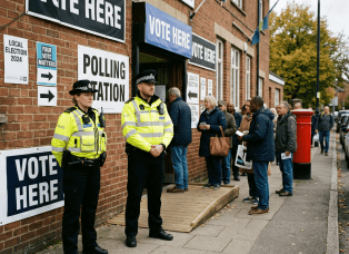 Police officers outside a polling booth