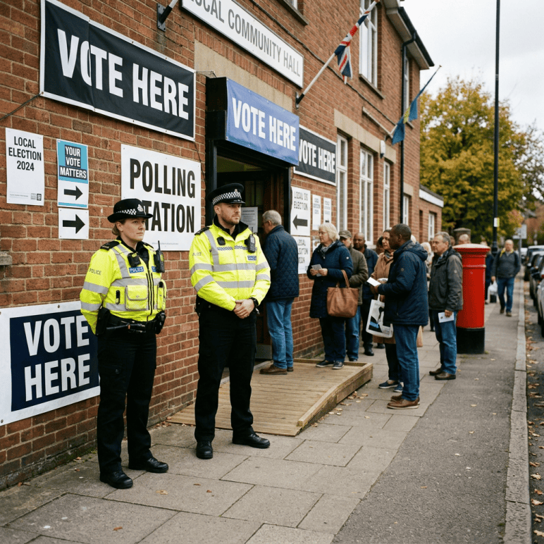 Police officers outside a polling booth